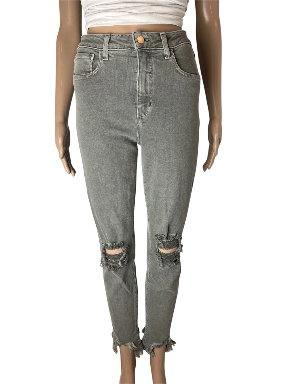 L'Agence High Line Skinny High Rise Stretch Distressed Jeans in Vintage Grey